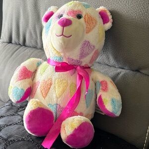 Colorful Heart Plush Teddy Bear with Pink Ribbon Bow, Valentine Hearts! 14”